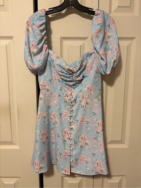 House of CB Light Blue Floral Puff Sleeve Mini Dress